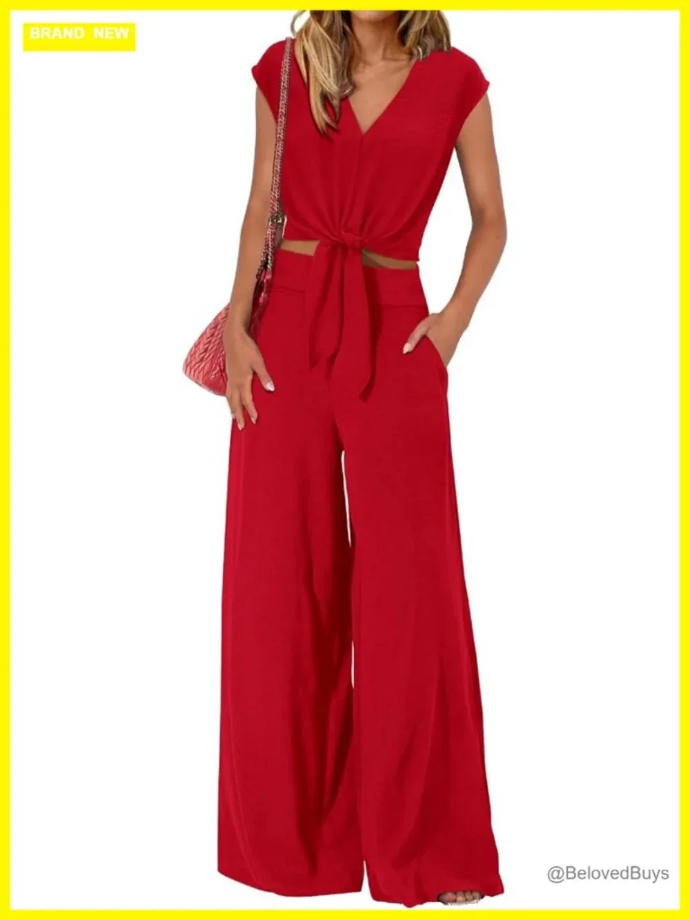 Women's Cap Sleeve V Neck Crop Top Wide Leg Pant Set 2 Piece Tracksuit